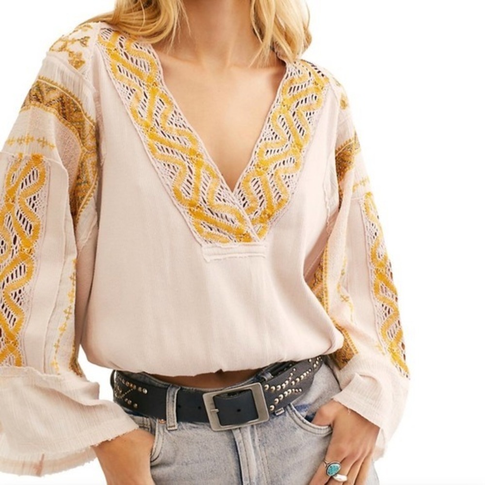Free People Cross Country Womens M Embroidered Boho VNeck Blouse Bell Sleeve Top